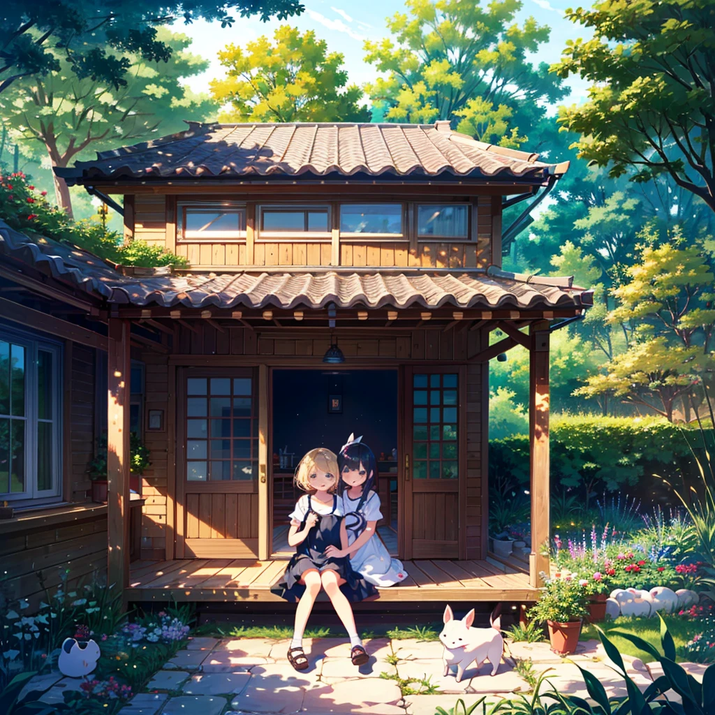 High-definition background, bright and beautiful atmosphere, 3 girls (2 years old, (1 short-tempered round face), (1 child)) (hair, surface effect), color effect), small breasts, blonde, veranda, very Cute clothes, a girl sitting on the veranda, many mini pigs in the garden, mini pigs relaxing on the veranda, "deltamon_sdXL :0.73) >Deltamon immediately refuses.