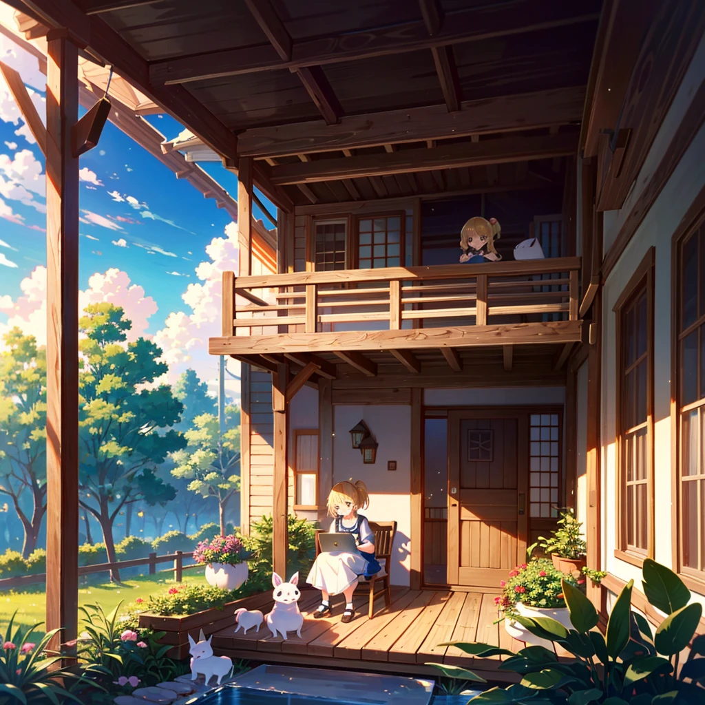 High-definition background, bright and beautiful atmosphere, 3 girls (2 years old, (1 short-tempered round face), (1 child)) (hair, surface effect), color effect), small breasts, blonde, veranda, very Cute clothes, a girl sitting on the veranda, many mini pigs in the garden, mini pigs relaxing on the veranda, "deltamon_sdXL :0.73) >Deltamon immediately refuses.