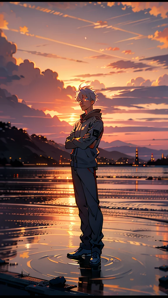 
Gojo Satoru, solo, standing on a vibrant tropical beach at sunset, live-action style, vibrant sunset hues, arms crossed, looking at the horizon with a calm demeanor, rim light on white hair, glowing blue eyes, wearing a modern black and white outfit with vibrant sunset reflections, highest quality, masterpiece