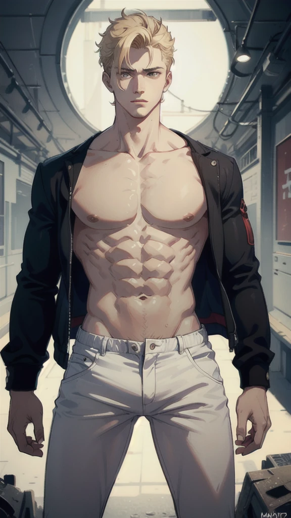 ((best quality)), ((masterpiece)), (detailed), one man, BLOND, BEAUTIFUL MAN, MUSCLE, TOP LESS, ONLY IN PANTS