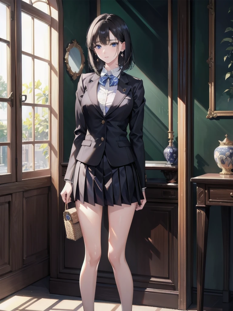absurdres, RAW photo, extremely delicate and beautiful, masterpiece, Best Quality, ultra high resolution, 32k, hyperrealistic, ultra-detailed, in her 20s, delicate facial features, tearful mole, earring, medium breasts, full body shot, shorter middle hair, black hair, school_uniform, blazer,