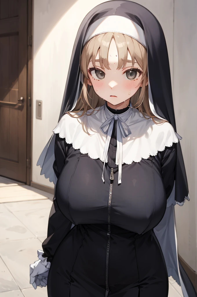aasister, long hair, nun, habit, white capelet, neck ribbon, (body fit black dress:1.2), long sleeves, white gloves, full-length zipper,(((huge breasts))),expressionless,sweating,no bra