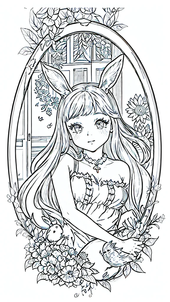 (Bunny girl:1.5), 4k, black and white drawing of circular design, intricate thin lines, centering radial design, coloring pages, simplified zentangle, coloring book outline, black and white only, no outline, intricate designs, coloring book, celtic design, intricate lines, no gradients