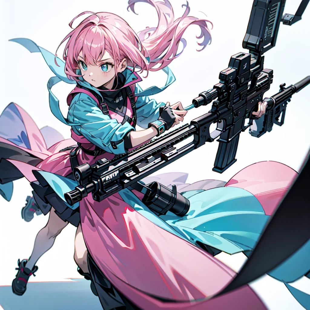 One Girl、[17277fbe68],threatened hideo、high quality、Maximum details、(((最high quality、masterpiece、Official Art、Best Dynamic Composition)))、(Thin Hair)、(Tabletop, 最high quality), Very detailed, Anime Style, whole body, Cyberpunk Girl, Gripping a high-tech rifle, Milky white and pink hair, Sparkling Blue Eyes, Wearing a magical girl costume , 8K high resolution, Trend Art Station, White Background, Standing in the Wilderness, whole body,