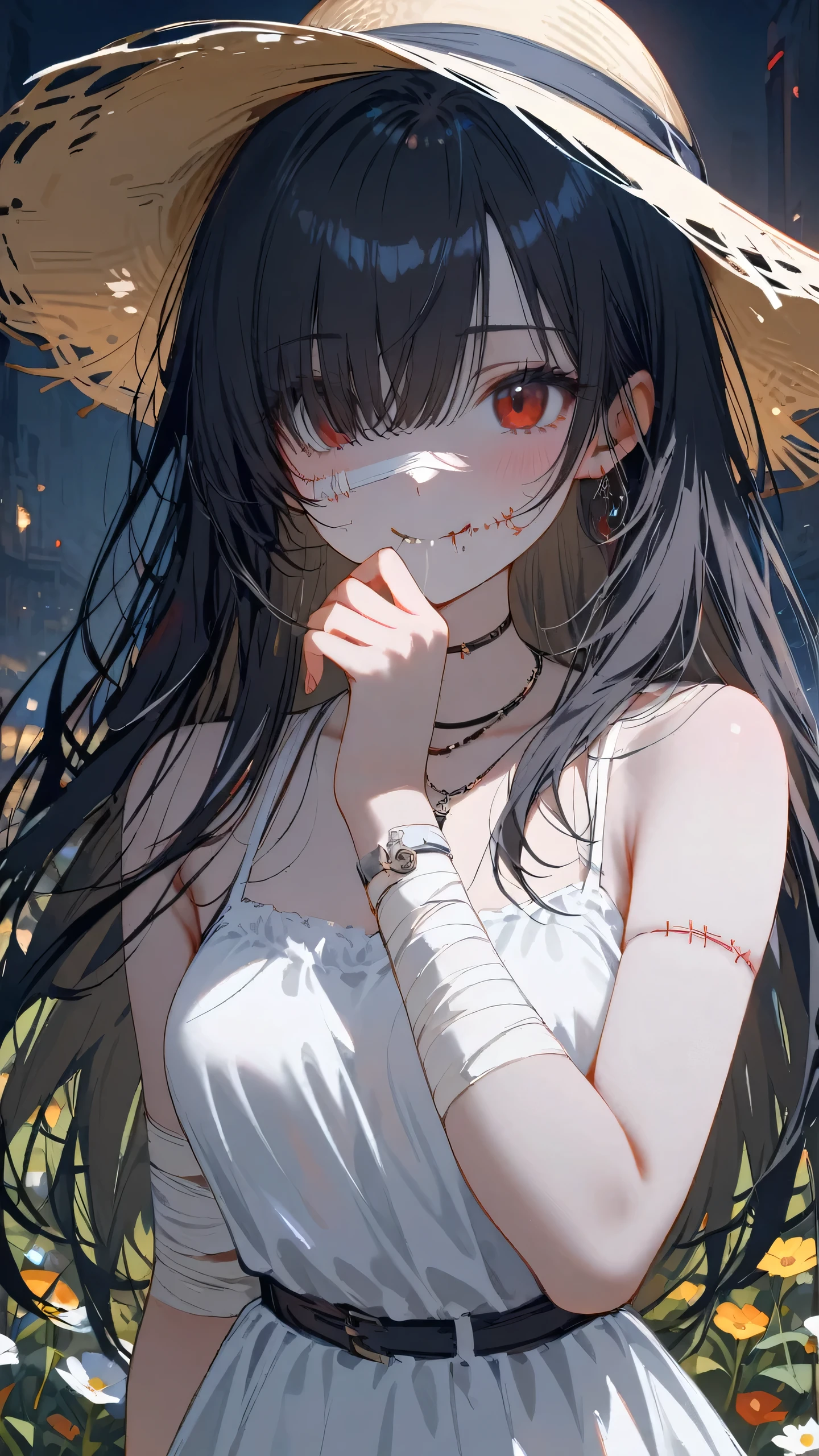 (masterpiece, best quality:1.2) 1girl, solo, flower garden , sun hat, white hat, sleeveless_dress white dress, black hair, long hair,looking viewer, hair over eyes, eyes covering bang, (stitched face, stitched body,stitches,stitched arm,zombification,stitched torso,object through head,stitched mouth,gray skin,bandaged hand, bandaged arm,bandages,self-harm), fake smile, yandere, evil smile, night 