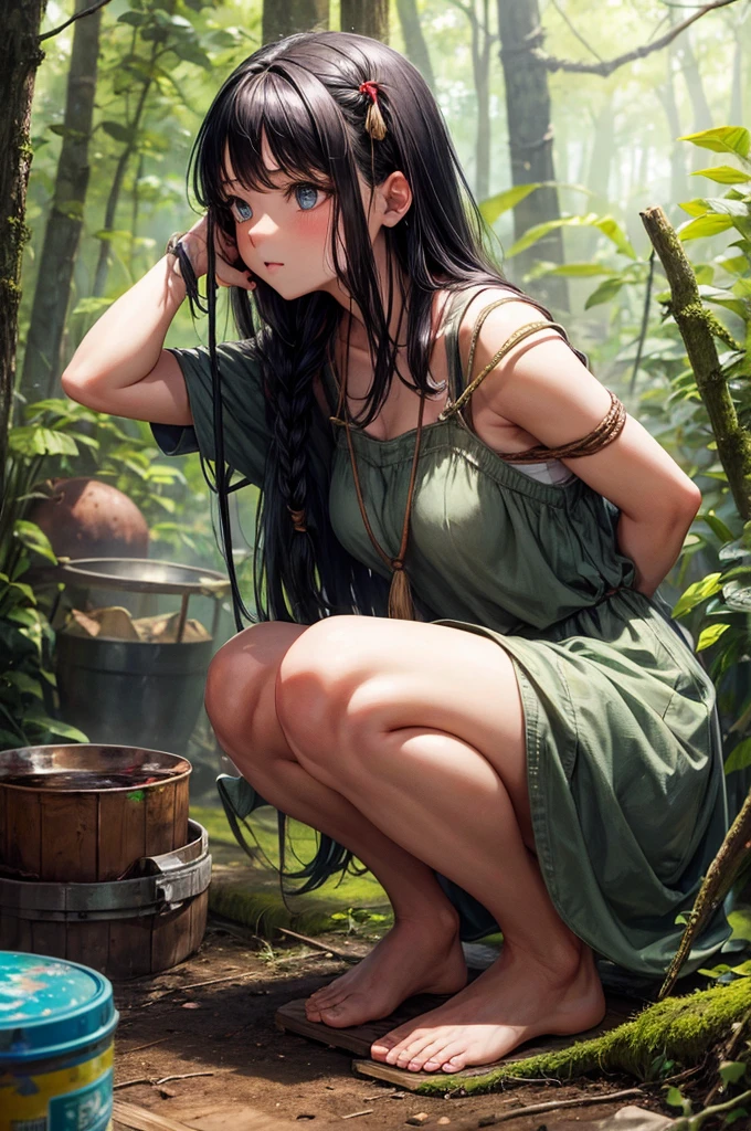Best image quality, primitive, Primary forest, ""Primitive clothing"", woman, Black Hair, Tying up hair, squat, paint