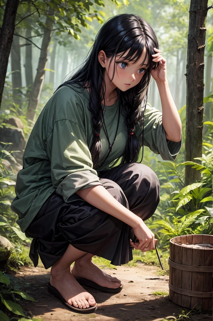 Best image quality, primitive, Primary forest, ""Primitive clothing"", woman, Black Hair, Tying up hair, squat, paint