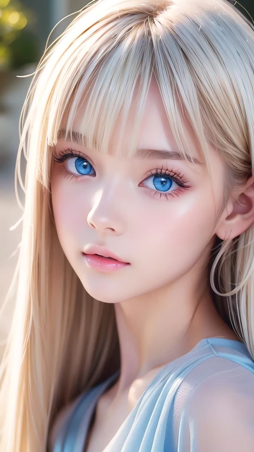 Highest quality、masterpiece、(Realistic:1.4)、One very beautiful blonde girl、Dazzlingly long, super long straight silky platinum blonde、Bangs between the eyes、bangs on the face、Big, very bright light blue eyes that shine so beautifully、Very big eyes、front、Detailed face、Beautiful Eyes、Very white and bright, beautiful skin、Small Face Beauty、 beautiful girl、Cheek gloss highlighter、Round face