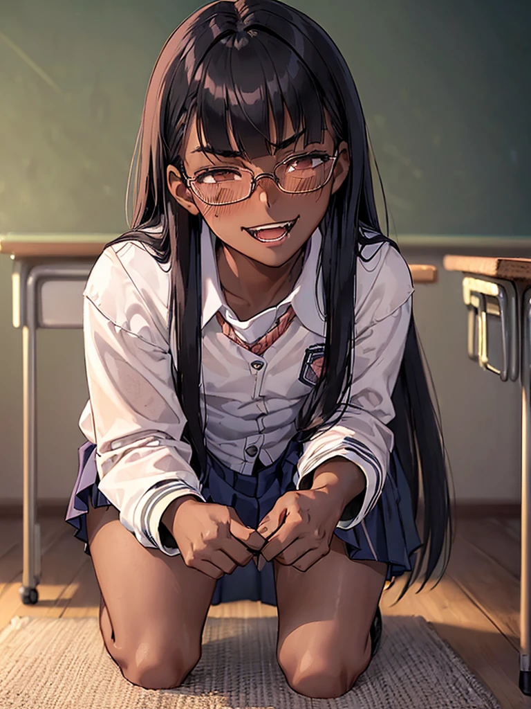 (1 boy 20 years old solo:1.4),(dark skin:1.5), (masterpiece:1.2), highest quality, High resolution, unity 8k wallpaper, ( (perfect hands, perfect anatomy), 20 years old, (black hair:1.3), detailed eyes, best quality, extremely detailed, very precise detailed, (glasses:1.4), (blunt bangs:1.3), (open mouth:1.2), (middle straight hair:1.5), (evil smile:1.4), , (half closed eyes:1.3) ,long sidelocks, (blush:1.3),(kneeling:1.3),(Put left knee in front:1.5),(school uniform:1.5),