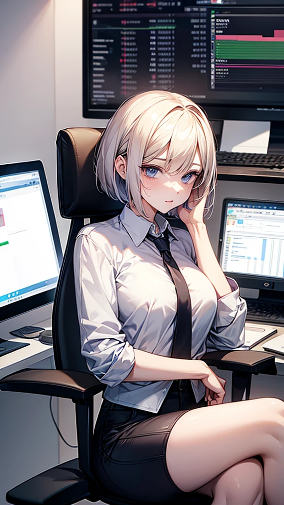 At the startup office、A female entrepreneur checking the cryptocurrency market price,Surreal woman,Short Bob