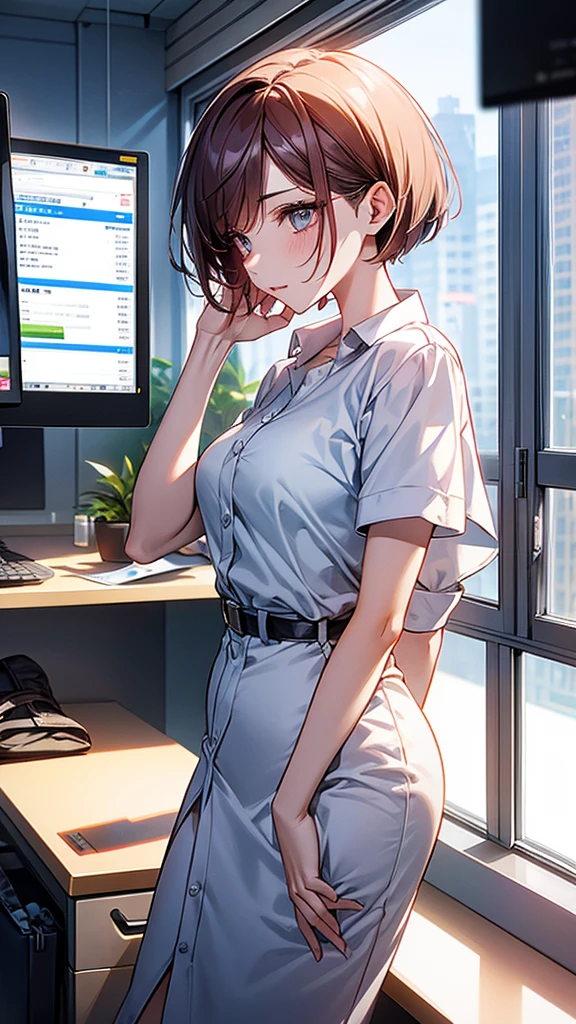 At the startup office、A female entrepreneur checking the cryptocurrency market price,Surreal woman,Short Bob