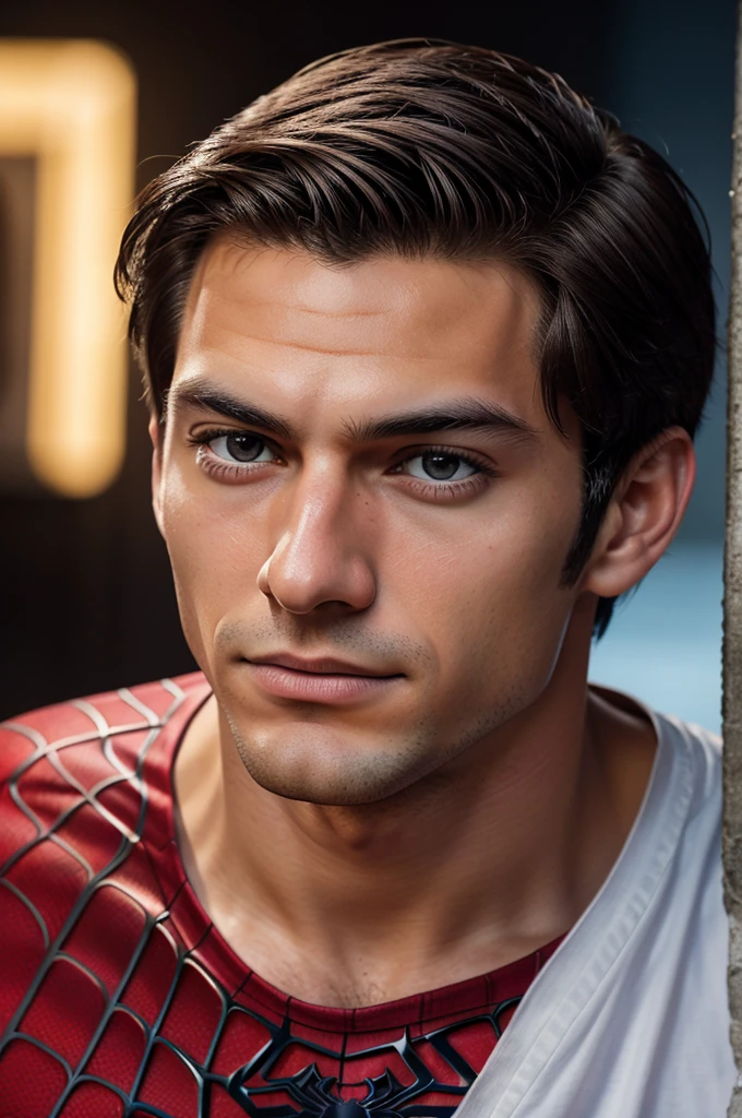 A photograph of spider man, no mask, 20 yo, handsome, detailed face, looking at camera, portrait, 8k uhd, high quality