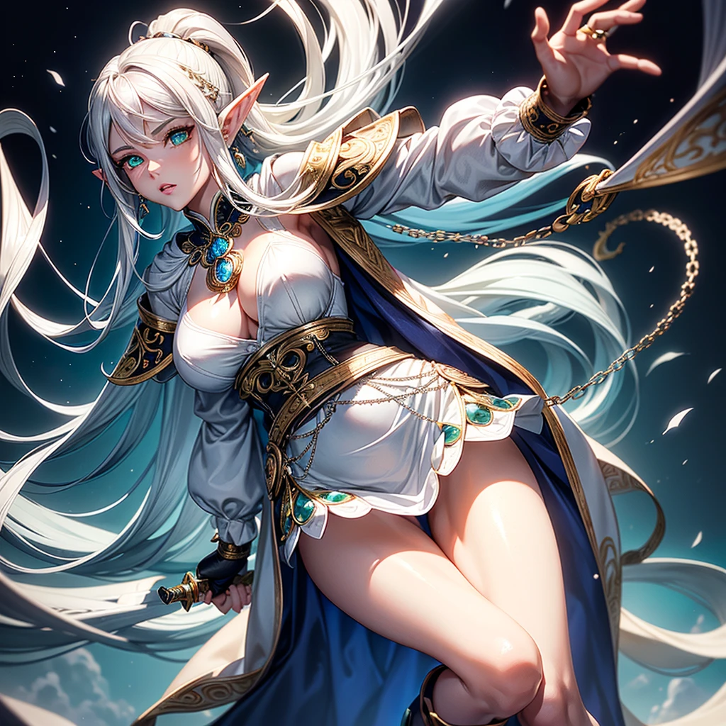(Full body image, realistic 3d anime style), (of a beautiful light-skinned brunette woman), long white hair, (ponytail style)( (perfect beauty)) ((detailed face)), ((symmetrical face)), ((detailed green eyes )), (pointed elven ears) (silver earrings in the ears decorated with a small blue diamond), (beautiful lips), ((perfect body)),(( voluptuous body)), ((large breasts)) on the chest a silver chain of the that hangs a circular medallion, decorated with a blue diamond in the center, (narrow waist) ((thick thighs)), Beautyfull red dress with a qipao collar with a short skirt, long sleeves, low-cut in the center (letting you see the upper part of the breasts), ( white hooded cape, tied in front with two circular brooches attached to a silver chain), (leather belt with a metal loop decorated with intricate details), ((wears a short silver sword on the belt)), black leather gloves with cuffs,( black leather ankle boots with flap), walking through a beautiful white birch forest, on a sunny day ,blue sky, Beautyfull clouds ,HD resolution, 8k, volumetric light, masterpiece, high quality,