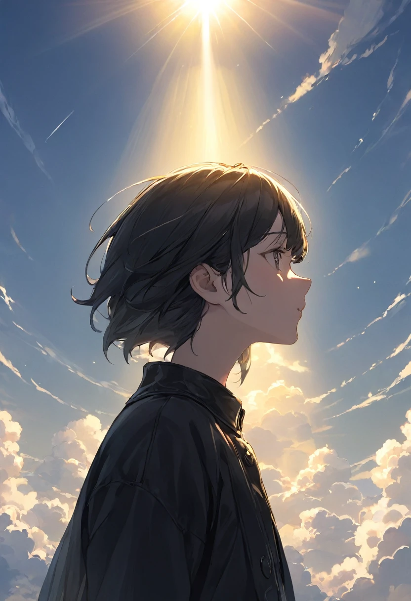Turn your head and look up think , black clothes , masterpiece , sunshine , morning , badass
