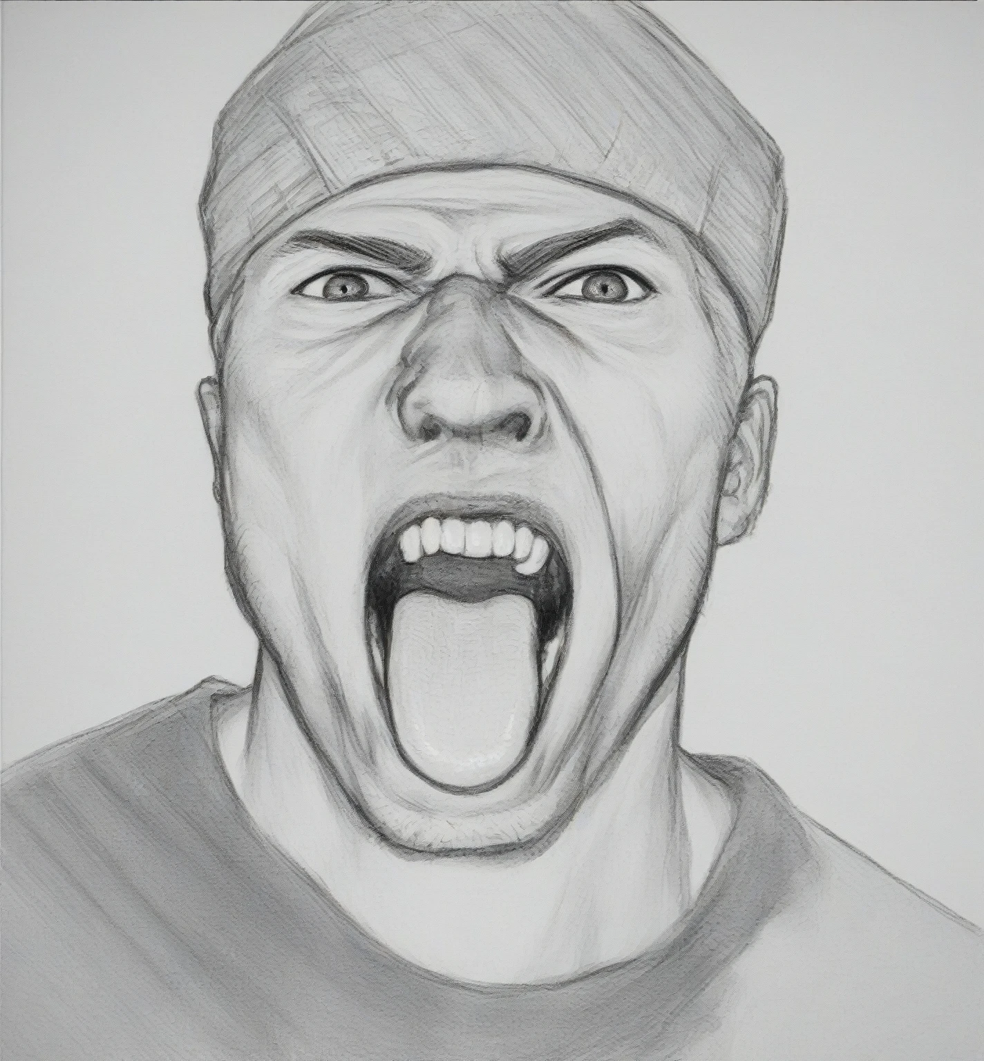 drawing of a man with his opened mouth and his tongue out, anger. super detailed, man yelling, yelling face, yelling. not realistic, angry man, the man is yelling and sad, he is yelling, Portrait effrayant, intense yelling expression, yelling yelling, realism drawing, pose de anger effrayante, opened mouth, opened mouth, graphite on paper, with opened mouth