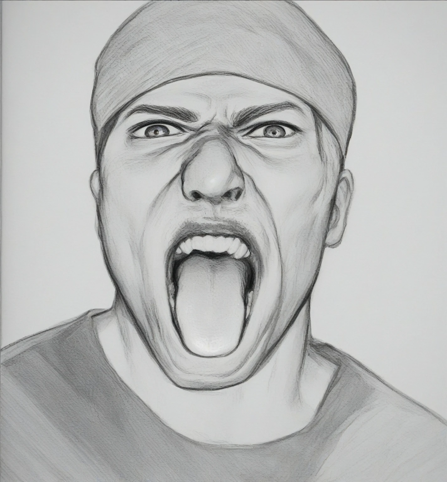 drawing of a man with his opened mouth and his tongue out, anger. super detailed, man yelling, yelling face, yelling. not realistic, angry man, the man is yelling and sad, he is yelling, Portrait effrayant, intense yelling expression, yelling yelling, realism drawing, pose de anger effrayante, opened mouth, opened mouth, graphite on paper, with opened mouth