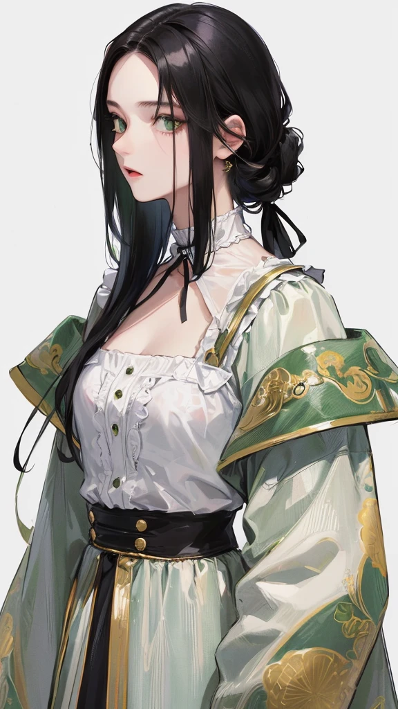 (Top resolution、Distinct_image)top-quality、female 、​masterpiece、highly detailed、Semi-realistic、black  hair ,  green  eyes、18year old、young、Cool Street clothing、Exquisite facial features、Facial features、unique hairstyle, variations, potrait, white background