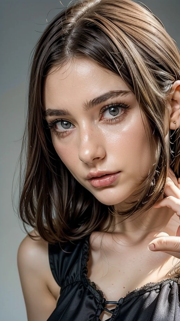 ((best quality)), ((masterpiece)), (detailed), perfect face (((ultra realistic))) Photo, masterpiece, top quality, (pale skin), (Ultra detailed face and eyes:1.3), 1 girl, Adult, in a T-shirt, (Eye makeup, mascara) , ((large detailed lips)), ((Pink wavy hair)), ((Chyolka)) , (Natural breasts), Slim waist. ((Posing)), photoshoot, studio (soft lighting), (The play of light and shadows), depth of field, bokeh, (special attention to skin detail: 1.2), Detailed leather texture, skin pores. (Warm atmosphere of the frame. Color range - black, purple, Pink, blue tones), UDR, ((Film grain)), ((rays)), ((glare of the sun)), ((waist up portrait, close to the camera)) , ultra detialed, full body portrait deep cleavage