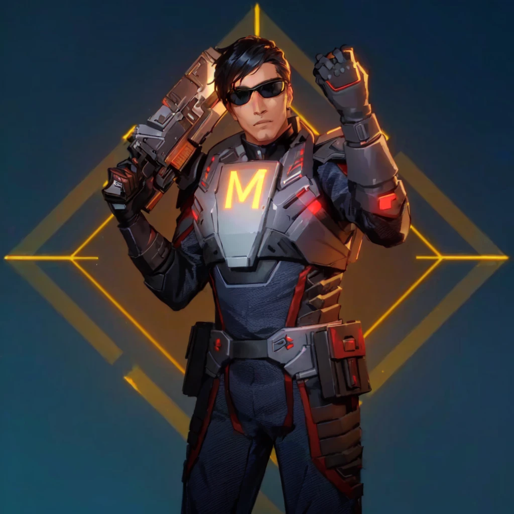 a man in a futuristic suit holding a gun, He has black glasses and on his chest he has the letter M, Bill Gates en Overwatch, as supervisory character, anime character, omen from valorant, thertrevkaiser, supervisory winston, Haris Nukem, in the style of apex legends, Markiplier, as anime character, valorant jett, as a Fortnite character