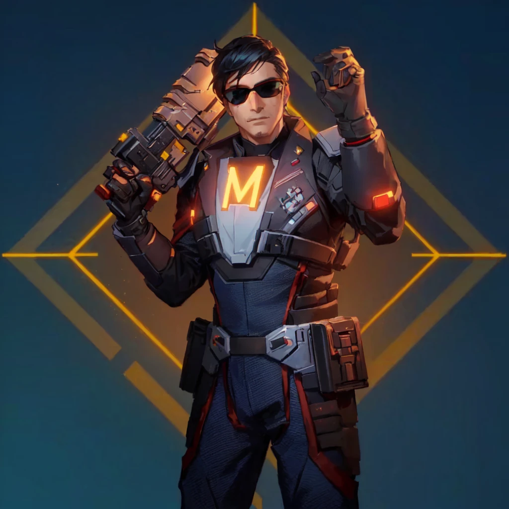 a man in a futuristic suit holding a gun, He has black glasses and on his chest he has the letter M, Bill Gates en Overwatch, as supervisory character, anime character, omen from valorant, thertrevkaiser, supervisory winston, Haris Nukem, in the style of apex legends, Markiplier, as anime character, valorant jett, as a Fortnite character