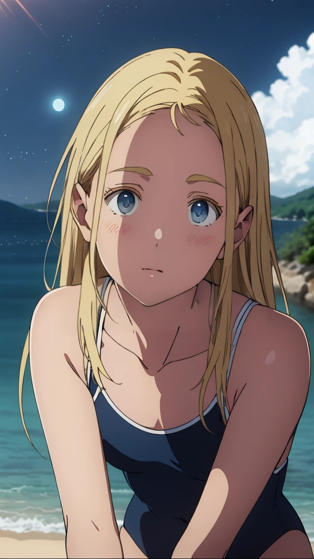 {{Small boat tide}}, {Daylight Saving Time Rendering}, Shining sky blue eyes, Long blonde hair, Medium Chest, Blue one piece swimsuit, Expose your shoulders, barefoot, School Swimsuit, Inside the shell, (上面shape:1.2),(A face waiting for a kiss:1.3), (blush:1.5), One Girl, alone,so beautiful, Highest quality, Great quality, curated, shape, Very detailedな, Anime Coloring,close up face 
BREAK Very detailed, Official Art, unity 8k wallpaper, Night ocean background breaks golden hour, (Rim Light):1.2, Warm tones, Solar flare, Soft Shadows, Vibrant colors, Painterly effect, Dream-like atmosphere BREAK Beautiful sea, Calm water, reflection, Clouds illuminated by the moon, Peaceful atmosphere, Beautiful starry sky, Very detailed, Official Art, unity 8k wallpaper , (Browsing Caution:1.3)