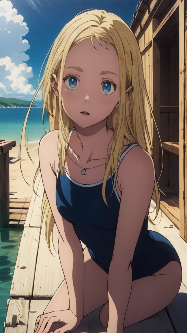 {{Small boat tide}}, {Daylight Saving Time Rendering}, Shining sky blue eyes, Long blonde hair, Medium Chest, Blue one piece swimsuit, Expose your shoulders, barefoot, School Swimsuit, Inside the shell, (上面shape:1.2),(A face waiting for a kiss:1.3), (blush:1.5), One Girl, alone,so beautiful, Highest quality, Great quality, curated, shape, Very detailedな, Anime Coloring,close up face 
BREAK Very detailed, Official Art, unity 8k wallpaper, Night ocean background breaks golden hour, (Rim Light):1.2, Warm tones, Solar flare, Soft Shadows, Vibrant colors, Painterly effect, Dream-like atmosphere BREAK Beautiful sea, Calm water, reflection, Clouds illuminated by the moon, Peaceful atmosphere, Beautiful starry sky, Very detailed, Official Art, unity 8k wallpaper , (Browsing Caution:1.3)