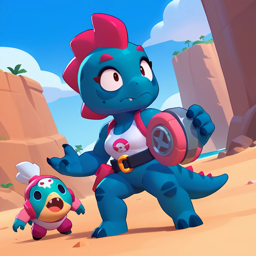 full view of a dinosaur, female, dark blue skin, friendly dinosaur, having pink and white buoy, dinosaur animal, brawl, brawl stars