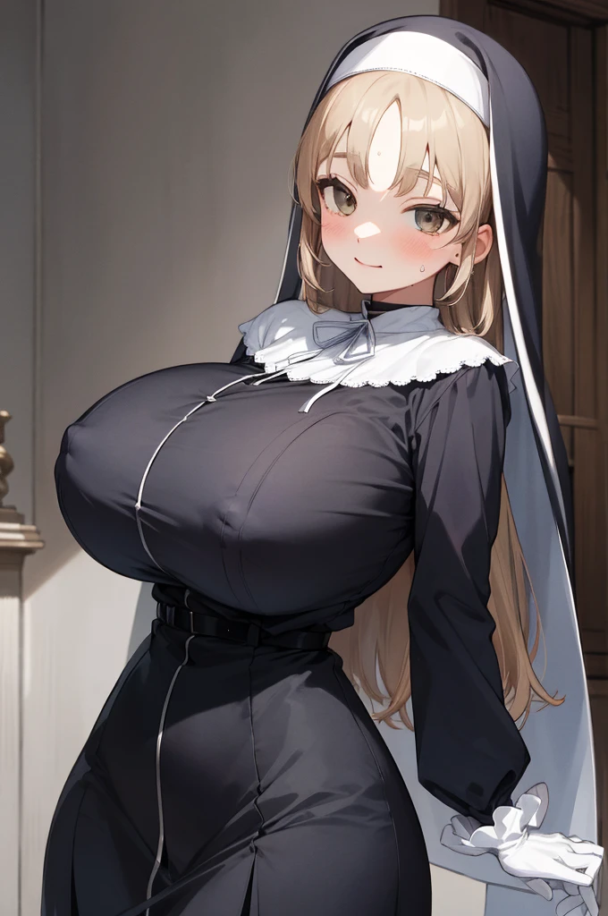 aasister, long hair, nun, habit, white capelet, neck ribbon, (body fit black dress:1.2), long sleeves, white gloves, erect nipple,(((huge breasts))),expressionless,sweating,smile,cowboy shot