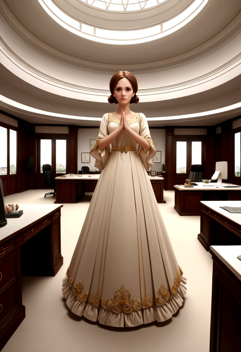 masterpiece, wonderful, (office: 1.8), Ultra-high-definition CG drawing, Are standing, One royal sister, anger, Woman with short brown hair, Layered Dresses, Clasp your hands around your waist, Facing the audience, figure, Wide Angle Panorama