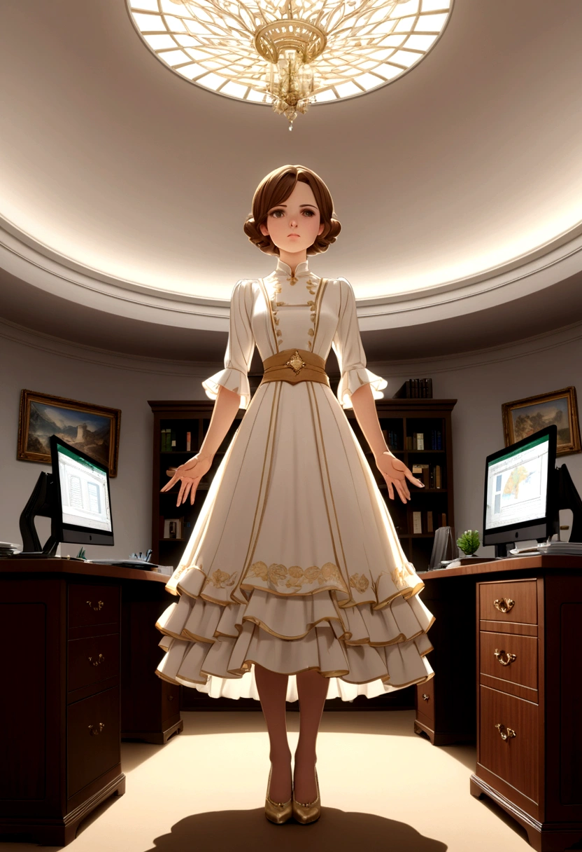 masterpiece, wonderful, (office: 1.8), Ultra-high-definition CG drawing, Are standing, One royal sister, anger, Woman with short brown hair, Layered Dresses, Clasp your hands around your waist, Facing the audience, figure, Wide Angle Panorama