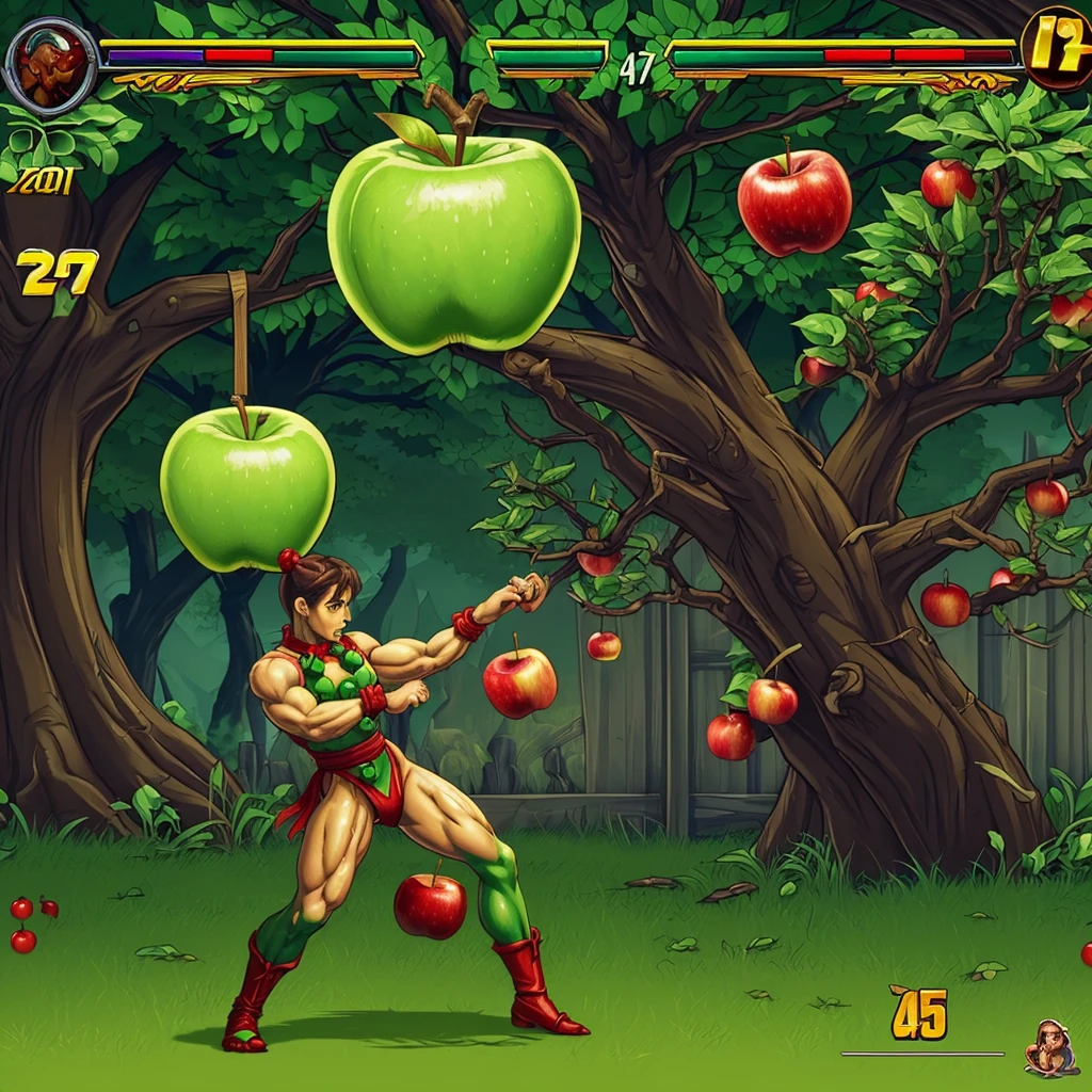 (street Fighter 2 16 bit game) Custom character 'treeman' (evil apple tree man from Wizard of Oz, dark bark skin, apples hanging in his hair) is tossing apples at and battling (subject 2: Zombie Chun Li (sexy fighting outfit, battle damage, green skin, zombie shamble, kinda gross)
