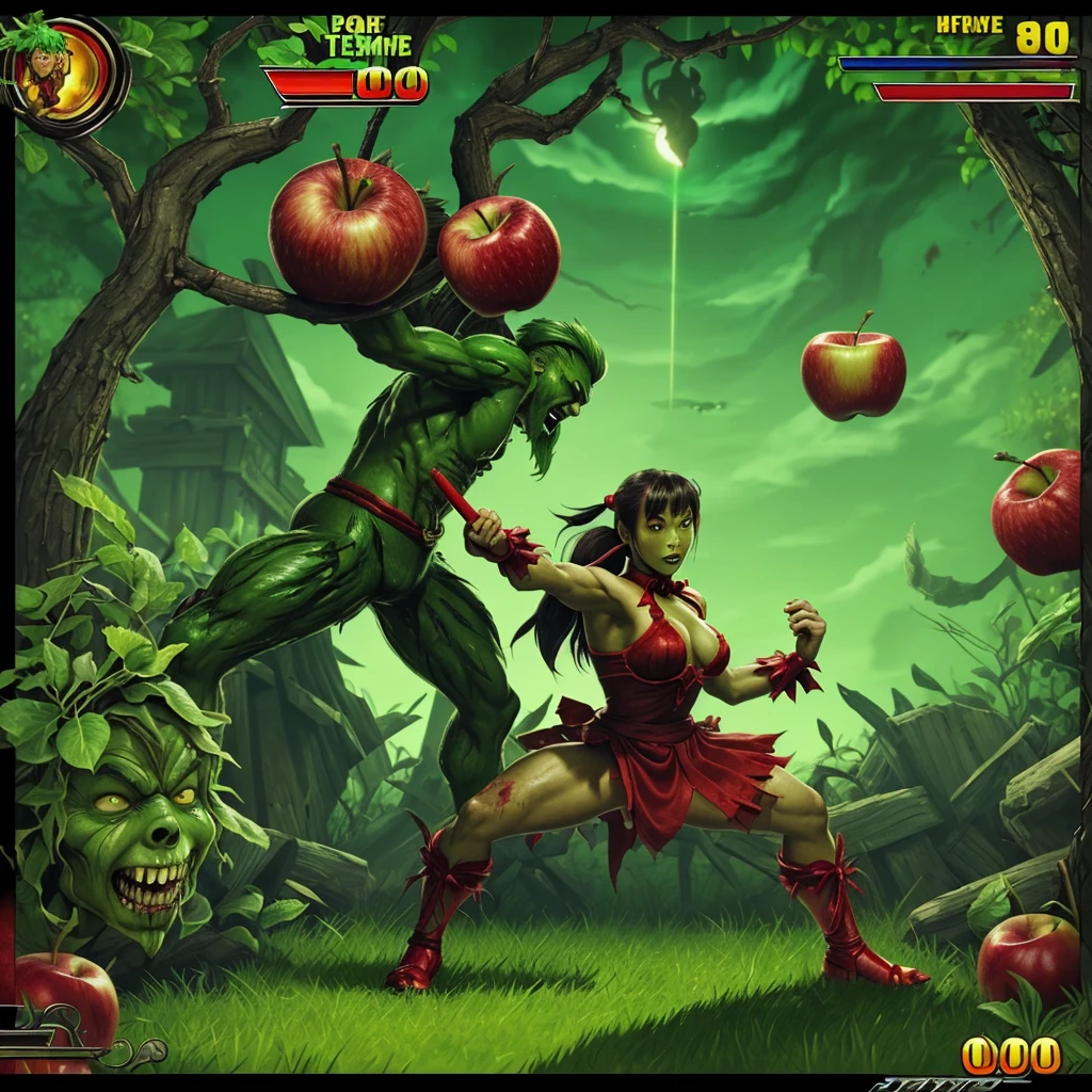 (street Fighter 2 16 bit game) Custom character 'treeman' (evil apple tree man from Wizard of Oz, dark bark skin, apples hanging in his hair) is tossing apples at and battling (subject 2: Zombie Chun Li ( fighting outfit, battle damage, green skin, zombie shamble, kinda gross)
