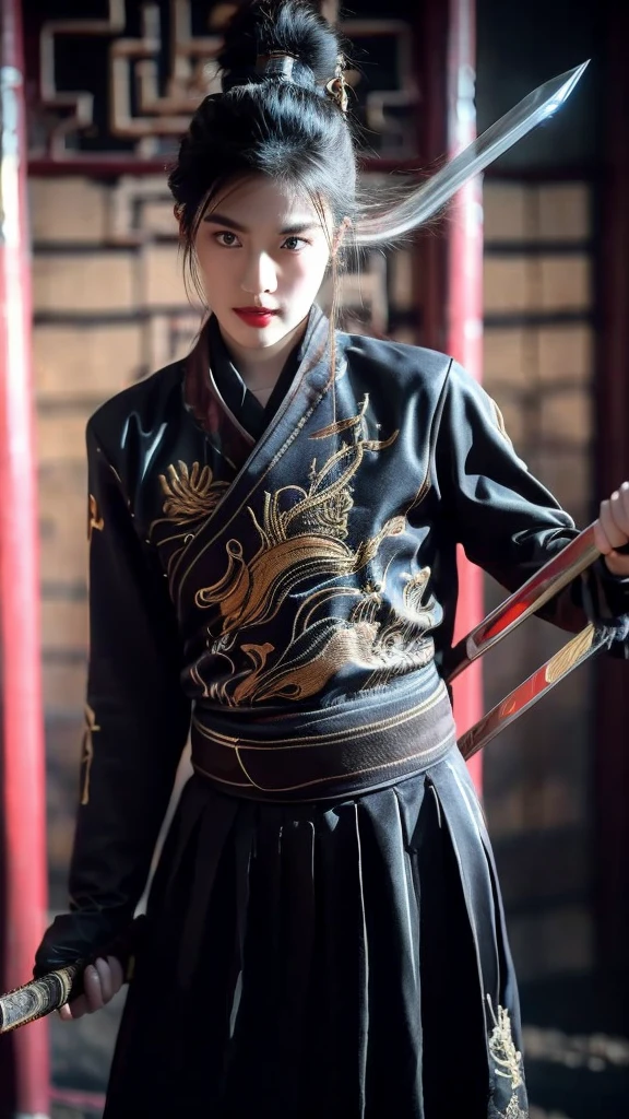 Wearing embroidered Chinese clothing,Dynamic Angle,view,Practical,Luminescence,
Xueer Embroidered Guard Uniform,1 Girl,Solitary focus,Holding a sword,have,Black Hair,Gloves,red Lips,Tassel background,Vague,Lips,Upper Body,Shut up,Long sleeve,
male focus,Solitary,Handsome_male,
