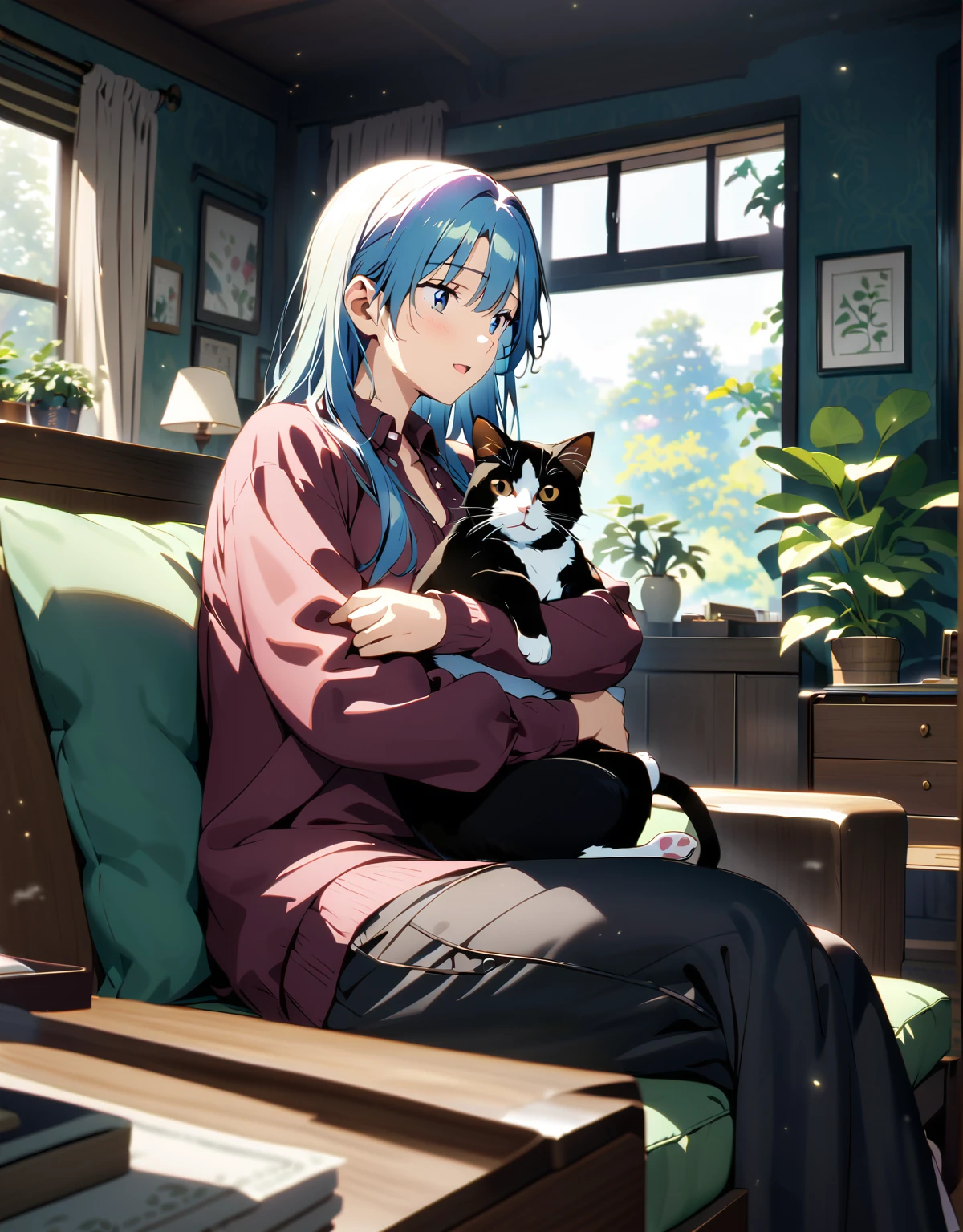 (超detailedなイラスト:1.2),Very delicate and beautiful,非常にdetailed,CG,Unity,8k wallpaper,wonderful,detailed,masterpiece,The best quality in the best condition,Official Art,非常にdetailed CG 8k Unbelievably ridiculous resolution,Beautiful and exquisite,High resolution,非常にdetailedな目と顔,Anime girl sitting on the sofa with a cat in her arms,