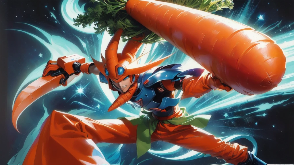 there is a cartoon of a carrot man holding a carrot, friendly carrot cyborg, dynamic guidance artwork, art from nes game cartridge, joe gb fenton, tomb, dynamic guidance art, trading card art, carrot, toriyama akira, art of yugioh, 80s Art, offcial art, inspired by Joe Jusko