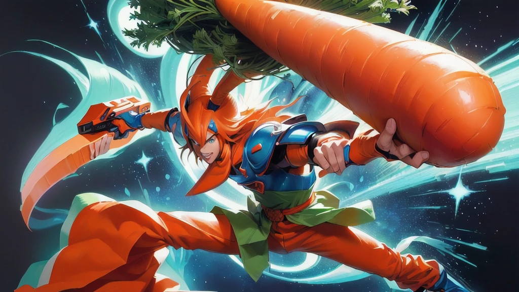 there is a cartoon of a carrot man holding a carrot, friendly carrot cyborg, dynamic guidance artwork, art from nes game cartridge, joe gb fenton, tomb, dynamic guidance art, trading card art, carrot, toriyama akira, art of yugioh, 80s Art, offcial art, inspired by Joe Jusko