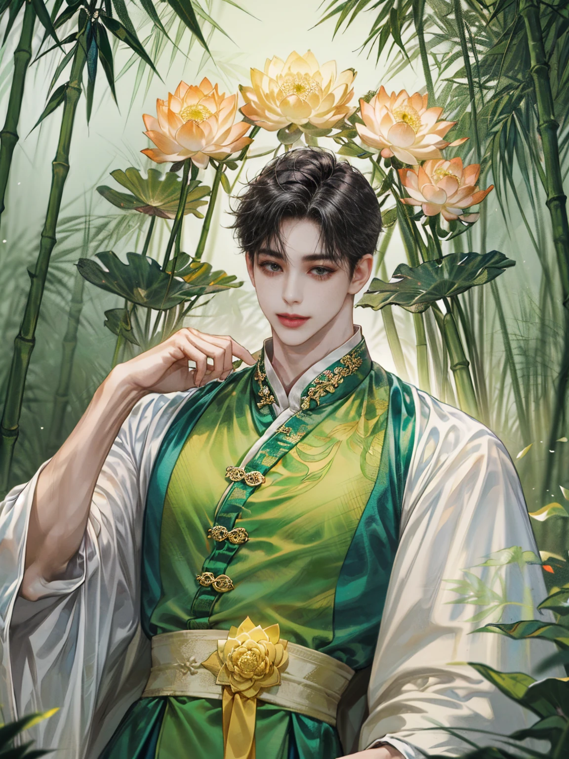 (((best quality))),masterpiece,ultra high resolution,extraordinarily beautiful youth, a bright, innocent smile,All green clothing,(absurdres, highres, ultra detailed, HDR), masterpiece, best quality, (1 boy) ,(((1 male,1 men,only one boy,perfect body, fair skin,sexy boy))),((boy 20 year old, green hanfu,green clothing, Chinese shirt style)) ,boy character ,((Thick black long hair)),beautiful face,detailed interior, detailed character,((man)),(in bamboo forest), black hair, smile,(white lotus),from anime The Scum Villain's Self Saving System,1man,the house of ancient China style, pure white lotus,beautiful and cute man ,(long black hair),black eyes,((solo man)),(he has a Big eyes, charming lips, slim nose and small face),(slim figures and no muscle),fragile body,Beautiful slender hands,Beautiful fingers 