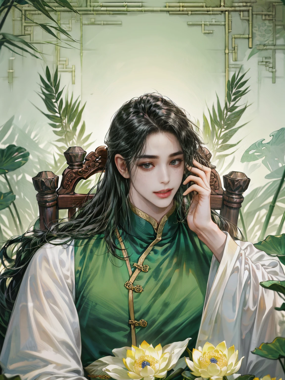 (((best quality))),masterpiece,ultra high resolution,extraordinarily beautiful youth, a bright, innocent smile,All green clothing,(absurdres, highres, ultra detailed, HDR), masterpiece, best quality, (1 boy) ,(((1 male,1 men,only one boy,perfect body, fair skin,sexy boy))),((boy 20 year old, green hanfu,green clothing, Chinese shirt style)) ,boy character ,((Thick black long hair)),beautiful face,detailed interior, detailed character,((man)),(in bamboo forest), black hair, smile,(white lotus),from anime The Scum Villain's Self Saving System,1man,the house of ancient China style, pure white lotus,beautiful and cute man ,(long black hair),black eyes,((solo man)),(he has a Big eyes, charming lips, slim nose and small face),(slim figures and no muscle),fragile body,Beautiful slender hands,Beautiful fingers