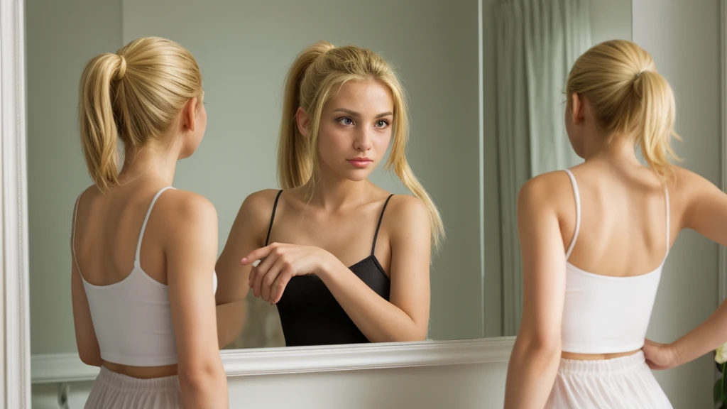 in mirror, girl ponytail blondie pose