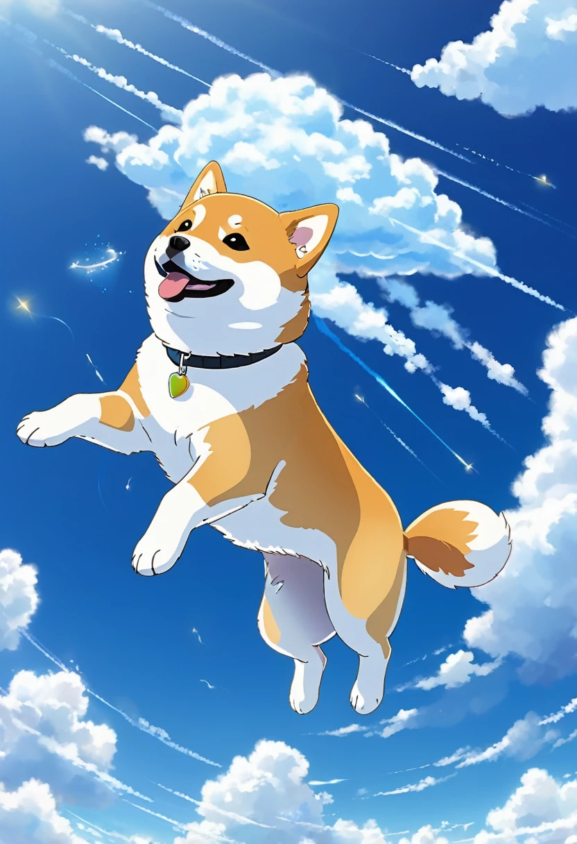 Cute Shiba Inu illustration、Anime Style、fly in the sky,blue sky、Cumulonimbus