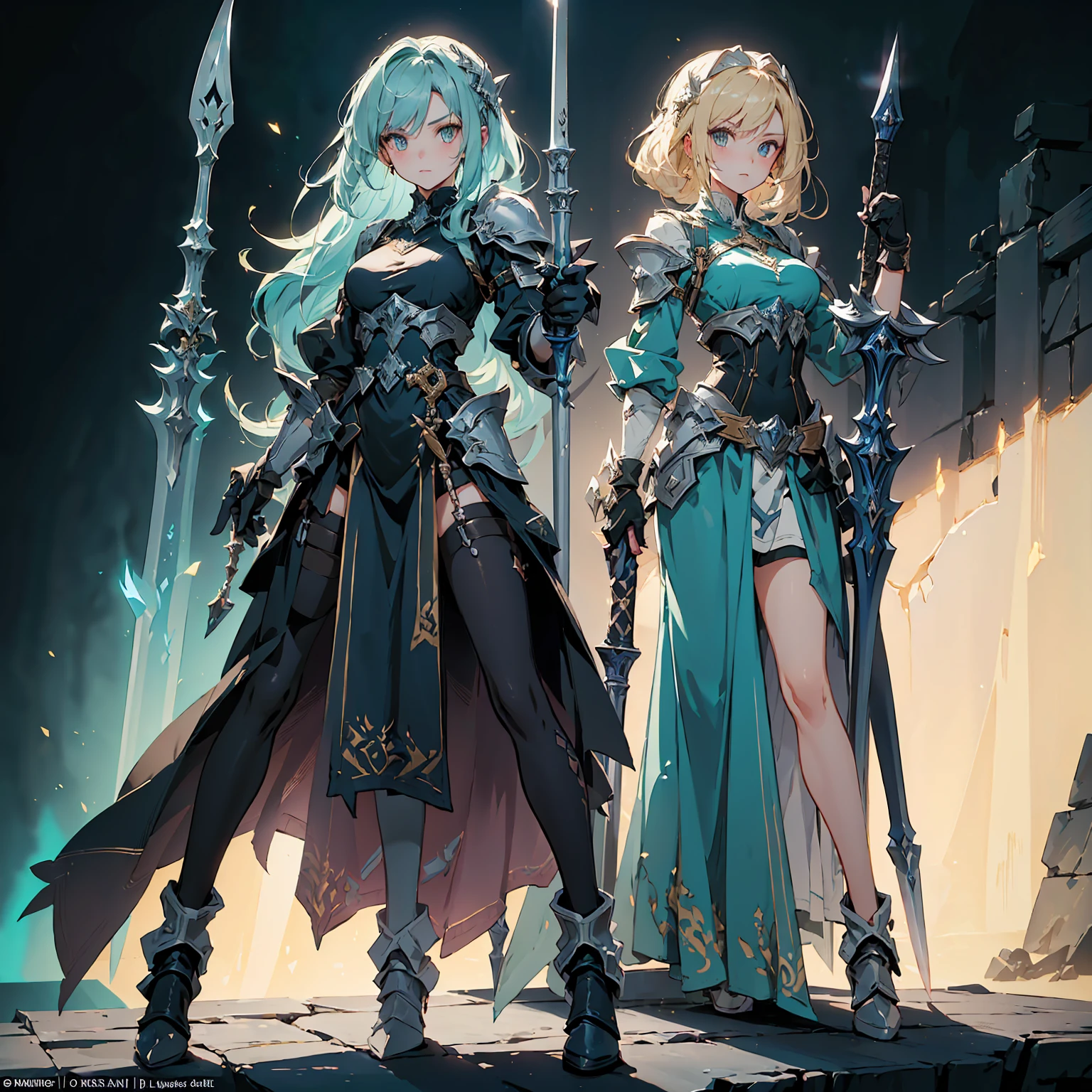 Design a layout showcase Gaming character, (1girl). Golden+Purle clothes, stylish and unique, ((showcase weapon:1.4)), magic staff, (masterpiece:1.2), (best quality), 4k, ultra-detailed, (Step by step design, layout art:1.5), (luminous lighting, atmospheric lighting), magican, ((glove full hands)), (((revealing clothes:1.3))), vambraces, armored legwear, (((full_body_shot:1.4)))