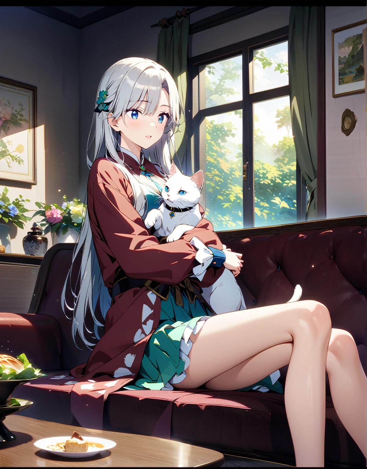 (超detailedなイラスト:1.2),Very delicate and beautiful,非常にdetailed,CG,Unity,8k wallpaper,wonderful,detailed,masterpiece,The best quality in the best condition,Official Art,非常にdetailed CG 8k Unbelievably ridiculous resolution,Beautiful and exquisite,High resolution,非常にdetailedな目と顔,Anime girl sitting on the sofa with a cat in her arms,