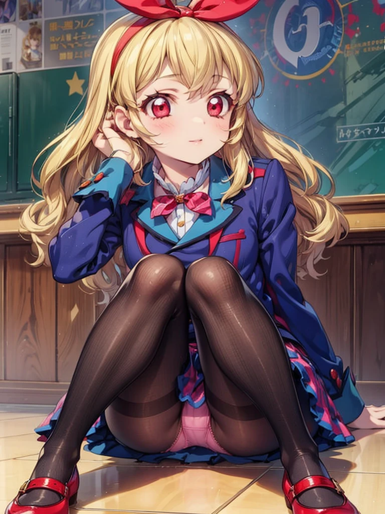 an anime girl wearing a short skirt and sitting on a floor all dressed up,1girl,pantyhose,solo,panties under pantyhose,underwear,panties,long hair,blonde hair,red eyes,,skirt,_breasts,shoes,Ichigo Hoshimiya (Aikatsu!)