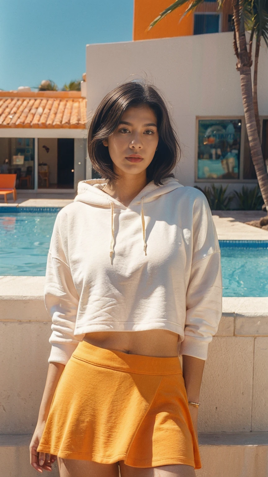 ((upper body:1.5)) long shot portrait of cute 23 yo girl, (natural breast) ,wear ((orange color oversized hoodie)), wear ((purple tennis skirt)),looking at viewer,Best Quality,Masterpiece,Ultra High Resolution,(Realisticity:1.4),Original Photo, 1Girl, light leak,ultra high resolution,UHD,beautiful, (black bob hair), almond eye, no makeup, in front of (80's mondrian colorful architecture motel), (realistic:1.2), (surreal:1.3), (very detailed:1.1), ((masterpiece)),summer, blue sky, palm trees,sunny, los angles vibes,film camera, 800mm lens,style of Philip Lorca diCorcia