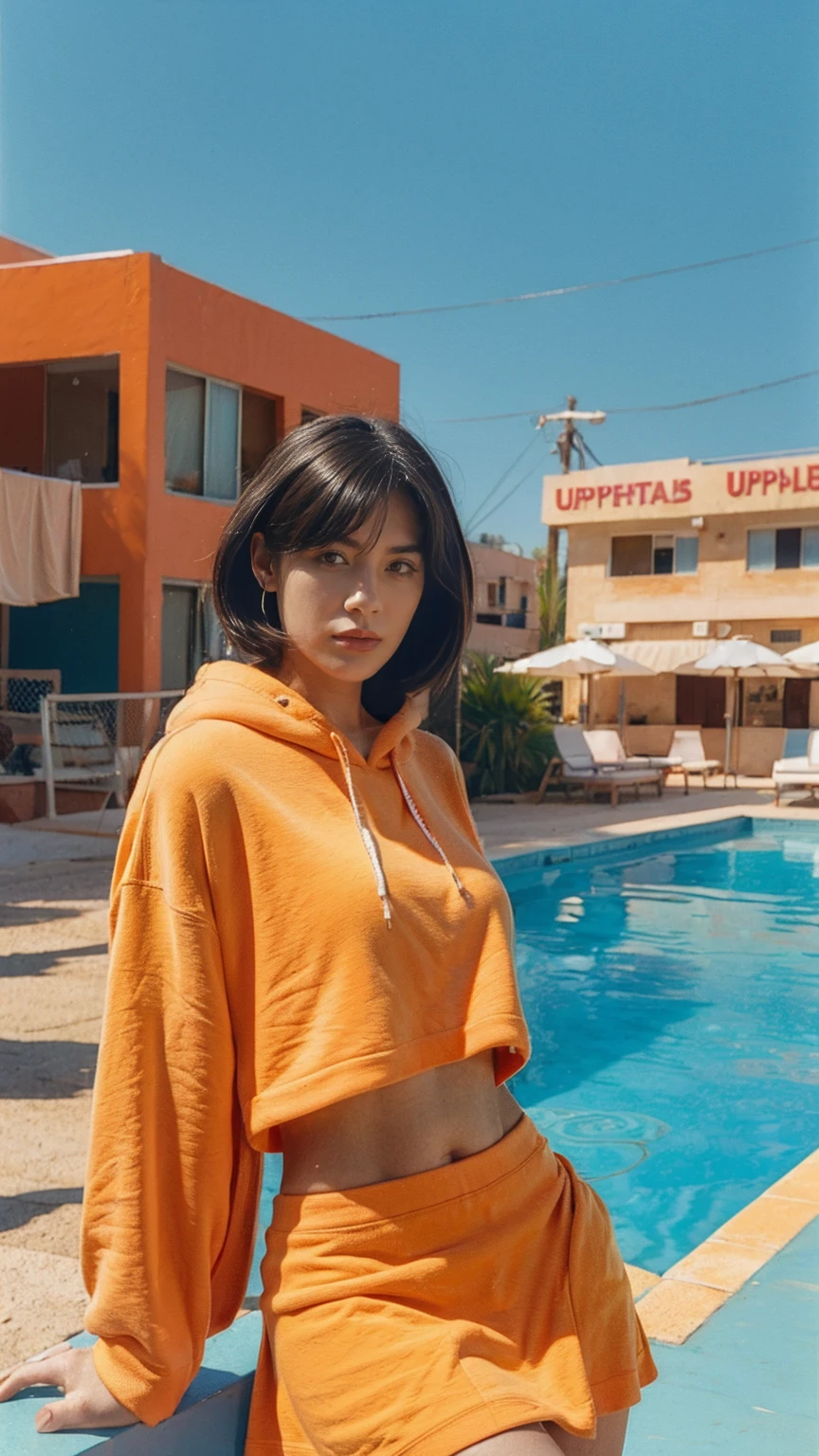 ((upper body:1.5)) long shot portrait of cute 23 yo girl, (natural breast) ,wear ((orange color oversized hoodie)), wear ((purple tennis skirt)),looking at viewer,Best Quality,Masterpiece,Ultra High Resolution,(Realisticity:1.4),Original Photo, 1Girl, light leak,ultra high resolution,UHD,beautiful, (black bob hair), almond eye, no makeup, in front of (80's mondrian colorful architecture motel), (realistic:1.2), (surreal:1.3), (very detailed:1.1), ((masterpiece)),summer, blue sky, palm trees,sunny, los angles vibes,film camera, 800mm lens,style of Philip Lorca diCorcia