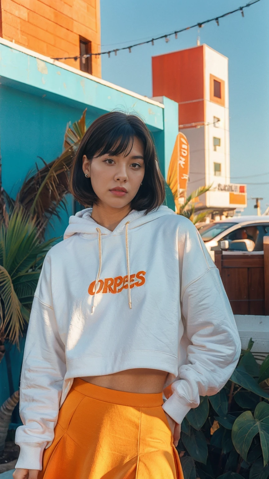 ((upper body:1.5)) long shot portrait of cute 23 yo girl, (natural breast) ,wear ((orange color oversized hoodie)), wear ((purple tennis skirt)),looking at viewer,Best Quality,Masterpiece,Ultra High Resolution,(Realisticity:1.4),Original Photo, 1Girl, light leak,ultra high resolution,UHD,beautiful, (black bob hair), almond eye, no makeup, in front of (80's mondrian colorful architecture motel), (realistic:1.2), (surreal:1.3), (very detailed:1.1), ((masterpiece)),summer, blue sky, palm trees,sunny, los angles vibes,film camera, 800mm lens,style of Philip Lorca diCorcia