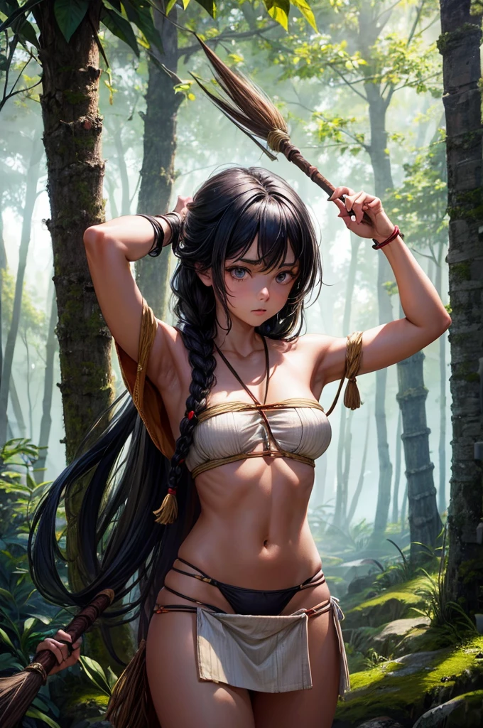 Best image quality, threaten, Holding a spear, primitive, Primary forest, In underwear,  ""Primitive clothing"", woman, Black Hair, Tying up hair, paint