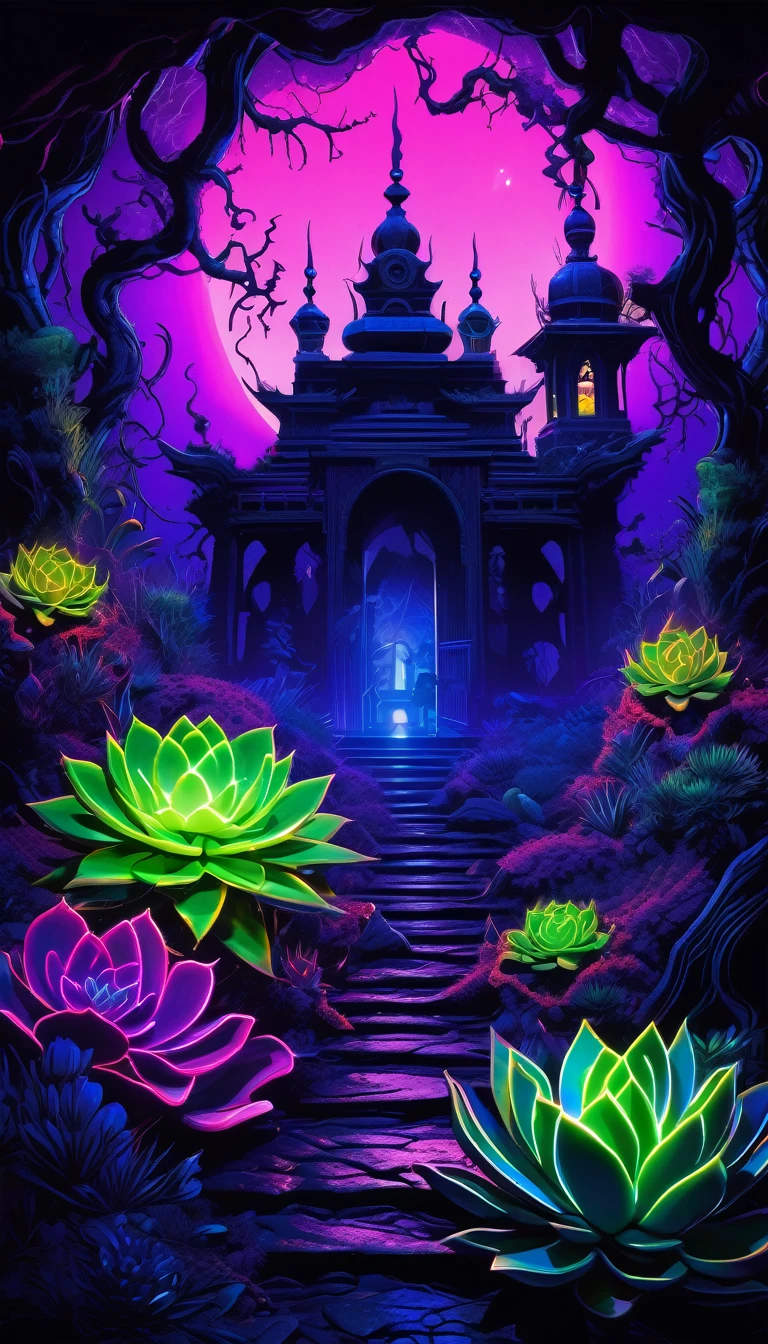 A nightmarish succulent neon glow garden set in a dark fantasy world, A character that looks like something out of a dark fantasy game, shine suspiciously, A testament to his awesome power, Mysterious aura with exquisite details, exude both fear and awe, The surrounding scenery and the eerie fog add to the overall atmosphere.., Rendered in a realistic style, This illustration captures the eerie atmosphere of a dark night., Our surroundings are cursed、Chaotic, further increase the sense of fear, Visually striking imagery, Selection of stylistic variations and information on types of plastering work, A realistic dark game using ballpoint pens and gels, Official Art, Very incredibly detailed, complicated, Crazy Details.