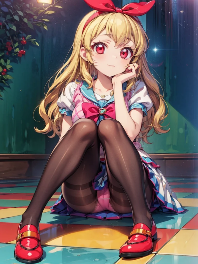 an anime girl wearing a short skirt and sitting on a floor all dressed up,1girl,pantyhose,solo,panties under pantyhose,underwear,panties,long hair,blonde hair,red eyes,,skirt,_breasts,shoes,Ichigo Hoshimiya (Aikatsu!)