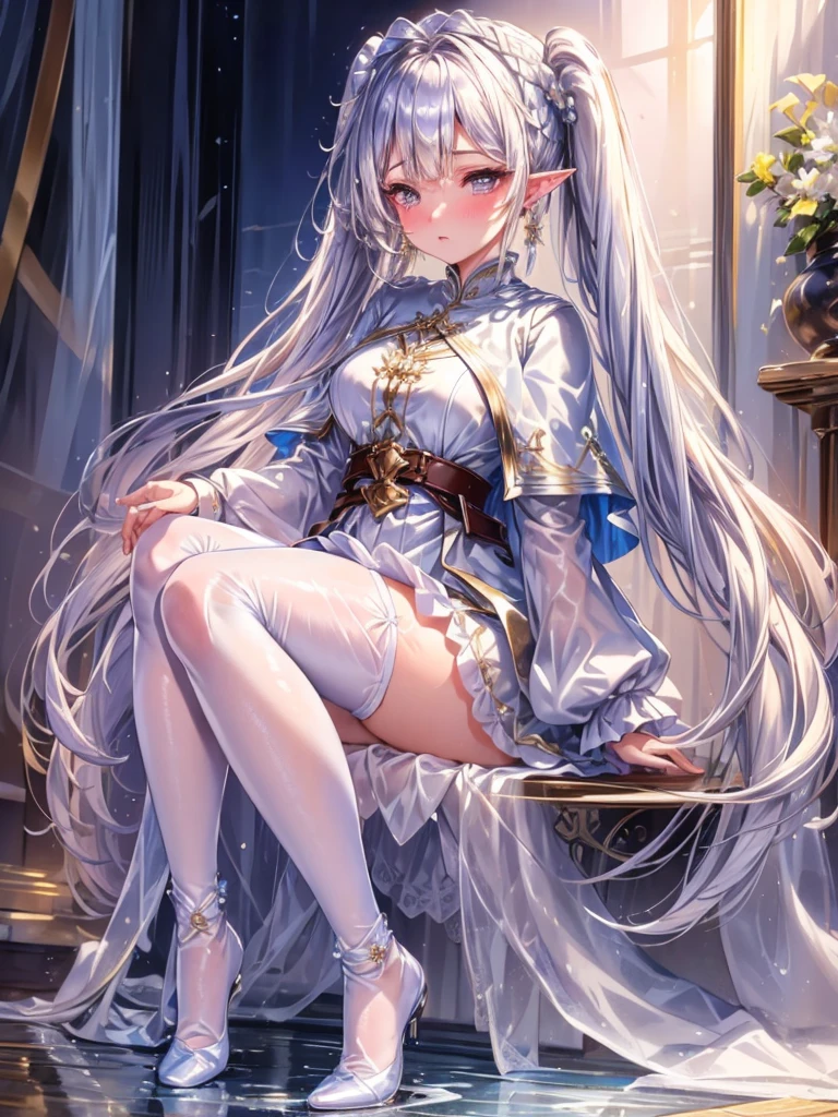 (masterpiece, Highest quality), Intricate details, One Girl, frozen, Long Hair, Pointy Ears, jewelry, Earrings, Twin tails, Long sleeve, Capelet, white Capelet, dress, Raise your bangs, white dress, belt, pantyhose、Wet floor、Wet feet